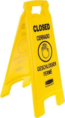 Rubbermaid - Closed, 11" Wide x 25" High, Plastic Floor Sign - English/French/German/Spanish, A-Frame, Black on Yellow, For Restroom, Janitorial & Housekeeping - Benchmark Tooling