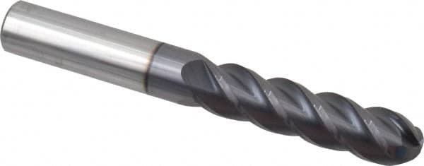 Accupro - 1/2" Diam, 2" LOC, 4 Flute Solid Carbide Ball End Mill - AlTiN Finish, Single End, 4" OAL, 1/2" Shank Diam, Spiral Flute - Benchmark Tooling