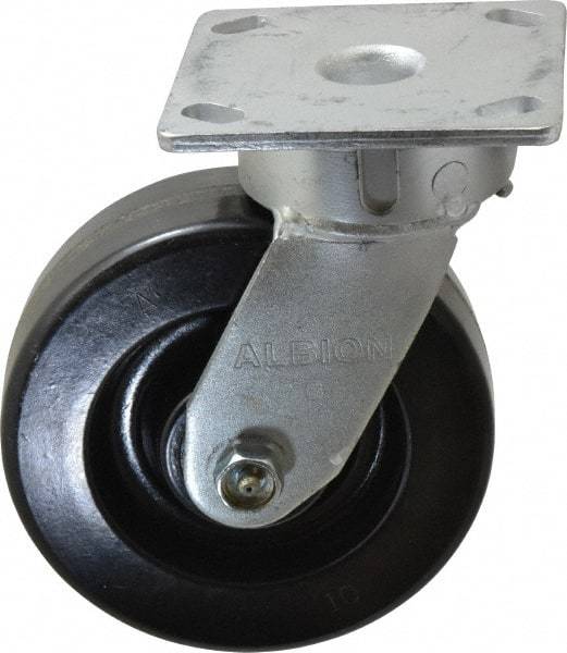 Albion - 6" Diam x 2" Wide x 7-1/2" OAH Top Plate Mount Swivel Caster - Phenolic, 1,200 Lb Capacity, Roller Bearing, 4 x 4-1/2" Plate - Benchmark Tooling