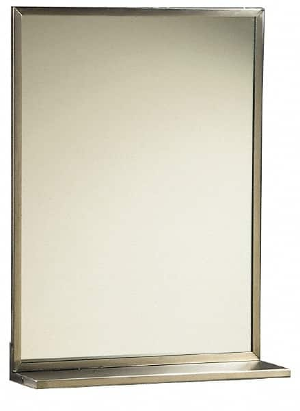 Made in USA - 18 Inch Wide x 24 Inch High, Theft Resistant Rectangular Glass Washroom Mirror - 5 Inch Deep Shelf, Stainless Steel Frame - Benchmark Tooling