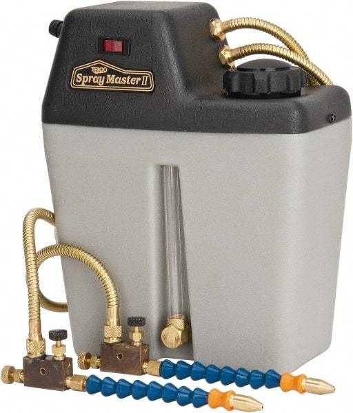 Trico - 2 Outlet, 1 Gallon Tank Capacity, High Density Polyethylene Tank Mist Coolant System - 10" Tank/Unit Length x 5-1/4" Tank/Unit Width x 12-1/4" Tank/Unit Height, 50 to 100 psi, 5' Coolant Line Length, 7" Hose Length - Benchmark Tooling