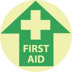 NMC - First Aid, Anti-Skid Polyester Floor Sign - Round, Green on Yellow (Glow), Adhesive Backed, For First Aid - Benchmark Tooling