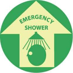 NMC - Emergency Shower, Anti-Skid Polyester Floor Sign - Round, Green on Yellow (Glow), Adhesive Backed, For First Aid - Benchmark Tooling