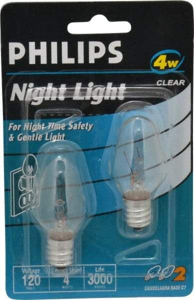 Philips - 4 Watt Incandescent Residential/Office Candelabra Screw Lamp - 2,700°K Color Temp, 16 Lumens, 120 Volts, Dimmable, C7, 3,000 hr Avg Life - Benchmark Tooling