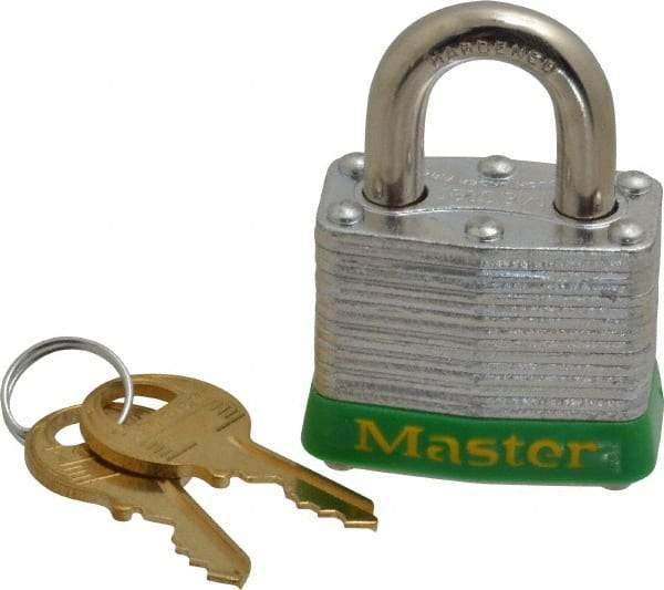 Master Lock - Keyed Alike Retaining Key Conductive Lockout Padlock - 3/4" Shackle Clearance, 9/32" Shackle Diam, 1-1/4" Body Height x 1-9/16" Body Width, Green, 4 Pins - Benchmark Tooling