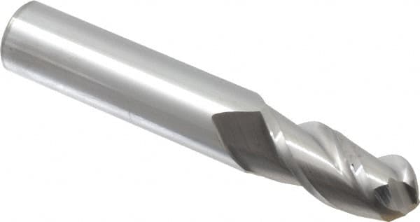 Accupro - 15/32" Diam, 1" LOC, 3 Flute Solid Carbide Ball End Mill - Uncoated, Single End, 3" OAL, 1/2" Shank Diam, Spiral Flute - Benchmark Tooling