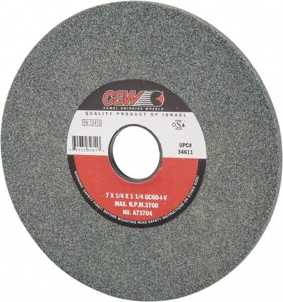 Camel Grinding Wheels - 7" Diam x 1-1/4" Hole x 1/4" Thick, I Hardness, 60 Grit Surface Grinding Wheel - Silicon Carbide, Type 1, Medium Grade, 3,760 Max RPM, Vitrified Bond, No Recess - Benchmark Tooling