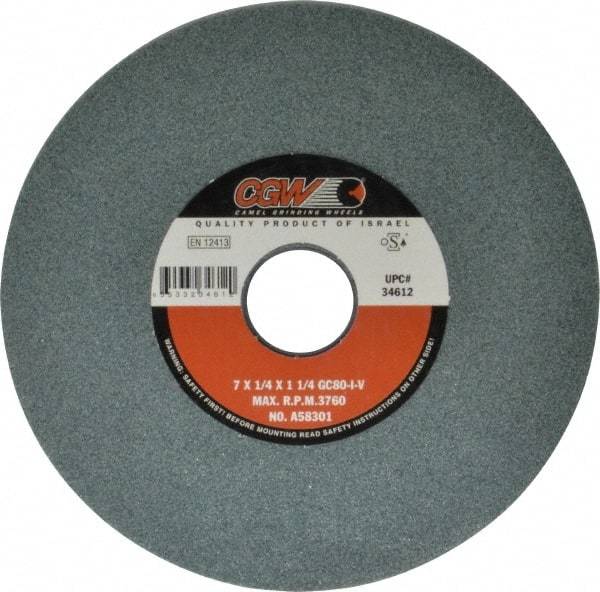 Camel Grinding Wheels - 7" Diam x 1-1/4" Hole x 1/4" Thick, I Hardness, 80 Grit Surface Grinding Wheel - Silicon Carbide, Type 1, Medium Grade, 3,760 Max RPM, Vitrified Bond, No Recess - Benchmark Tooling