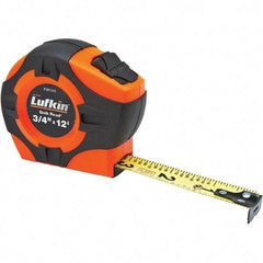 Lufkin - 12' x 3/4" Yellow Steel Blade Tape Measure - 1/16" Graduation, High-Visibility Orange ABS Rubber Grip Case - Benchmark Tooling