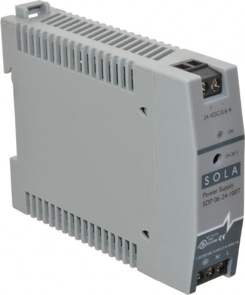 Sola/Hevi-Duty - 100 Watt, 0.60 Amp, 264 VAC, 375 VDC Input, 24 to 28 VDC Output, DIN Rail Power Supply - Screw Terminal Connection, 1 Output, 0.9 Inch Wide x 3.8 Inch Deep x 2.95 Inch High, Up to 80% Efficiency, 14 to 140°F, Green LED Display - Benchmark Tooling