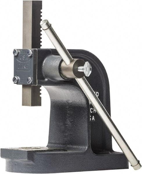 Dake - 1" Ram, 3-1/2" Throat Depth, 1 Ton Manual Arbor Press - 4-1/2" Max Work Height x 7" Max Work Width, Single Leverage, 25:1 Leverage Ratio, 4-1/4" Base Width x 9-1/2" Base Depth - Benchmark Tooling