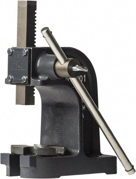 Dake - 1" Ram, 3-1/2" Throat Depth, 1 Ton Manual Arbor Press - 4-1/2" Max Work Height x 7" Max Work Width, Single Leverage, 25:1 Leverage Ratio, 4-1/4" Base Width x 9" Base Depth - Benchmark Tooling