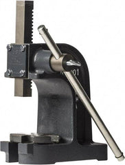 Dake - 1" Ram, 3-1/2" Throat Depth, 1 Ton Manual Arbor Press - 4-1/2" Max Work Height x 7" Max Work Width, Single Leverage, 25:1 Leverage Ratio, 4-1/4" Base Width x 9" Base Depth - Benchmark Tooling