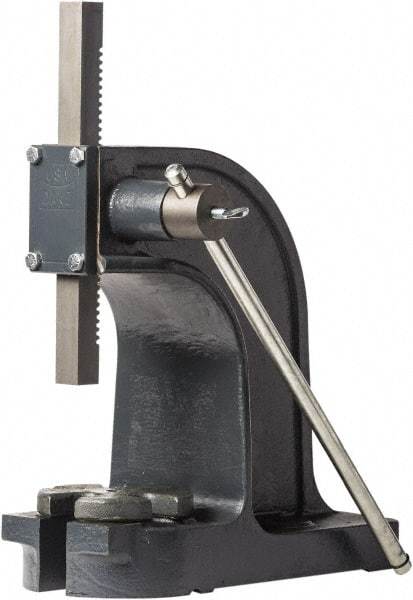 Dake - 1" Ram, 4-1/2" Throat Depth, 1-1/2 Ton Manual Arbor Press - 7-1/8" Max Work Height x 9" Max Work Width, Single Leverage, 32:1 Leverage Ratio, 6" Base Width x 14" Base Depth - Benchmark Tooling