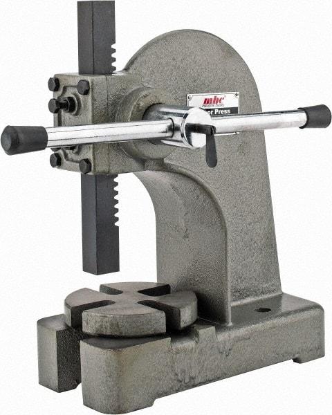 Interstate - 1" Ram, 4" Throat Depth, 1 Ton Manual Arbor Press - 5-1/4" Max Work Height x 8" Max Work Width, Single Leverage, 5" Base Width x 11" Base Depth - Benchmark Tooling