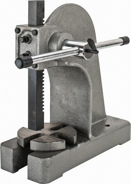 Interstate - 1-5/8" Ram, 6" Throat Depth, 2 Ton Manual Arbor Press - 8-1/2" Max Work Height x 12" Max Work Width, Single Leverage, 6-3/4" Base Width x 17" Base Depth - Benchmark Tooling