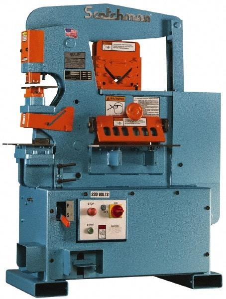 Scotchman - 12" Throat Depth, 90 Ton Punch Pressure, 1-1/8" in 1" Punch Capacity Ironworker - 5 hp, 3 Phase, 208/380/575 (Standard), 230 (Optional) & 230/240 (Standard) Volts, 76" Wide x 70" High x 26" Deep - Benchmark Tooling