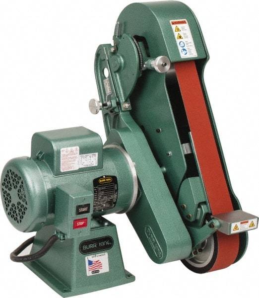 Burr King - 60 Inch Long x 2-1/2 Inch Wide Belt Grinder - 1-1/2 hp, 120/220 Volts, Vertical Belt, 800 to 8,000 Ft. per Min Belt Speed - Benchmark Tooling