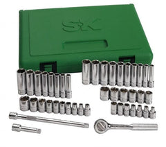 SK - 44 Piece 1/4" Drive Standard Deep Socket Set - 6 Points, 3/16 to 9/16", 4 to 15mm, Inch/Metric Measurement Standard - Benchmark Tooling