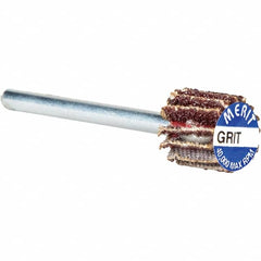 Merit Abrasives - 3/8" Diam x 3/8" Face Width, Very Fine Aluminum Oxide Coated Mounted Flap Wheel - 1/8" Shank Mount, 240 Grit, Cloth Backing, 40,000 Max RPM - Benchmark Tooling