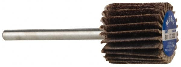 Merit Abrasives - 5/8" Diam x 5/8" Face Width, Medium Aluminum Oxide Coated Mounted Flap Wheel - 1/8" Shank Mount, 80 Grit, Cloth Backing, 37,000 Max RPM - Benchmark Tooling