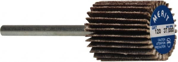Merit Abrasives - 5/8" Diam x 3/4" Face Width, Fine Aluminum Oxide Coated Mounted Flap Wheel - 1/8" Shank Mount, 120 Grit, Cloth Backing, 37,000 Max RPM - Benchmark Tooling