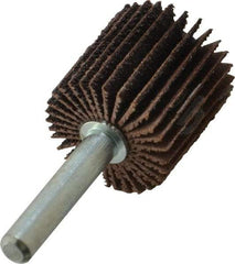 Merit Abrasives - 1" Diam x 1" Face Width, Medium Aluminum Oxide Coated Mounted Flap Wheel - 1/4" Shank Mount, 60 Grit, Cloth Backing, 30,000 Max RPM - Benchmark Tooling