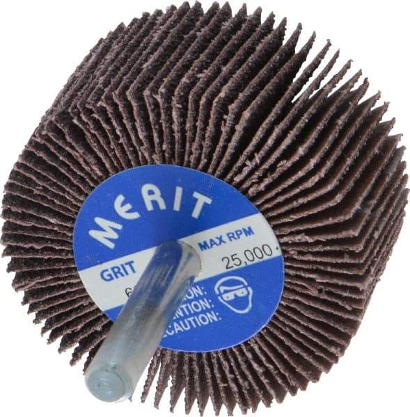 Merit Abrasives - 2" Diam x 1" Face Width, Medium Aluminum Oxide Coated Mounted Flap Wheel - 1/4" Shank Mount, 60 Grit, Cloth Backing, 25,000 Max RPM - Benchmark Tooling