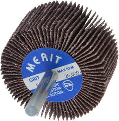 Merit Abrasives - 2" Diam x 1" Face Width, Medium Aluminum Oxide Coated Mounted Flap Wheel - 1/4" Shank Mount, 60 Grit, Cloth Backing, 25,000 Max RPM - Benchmark Tooling