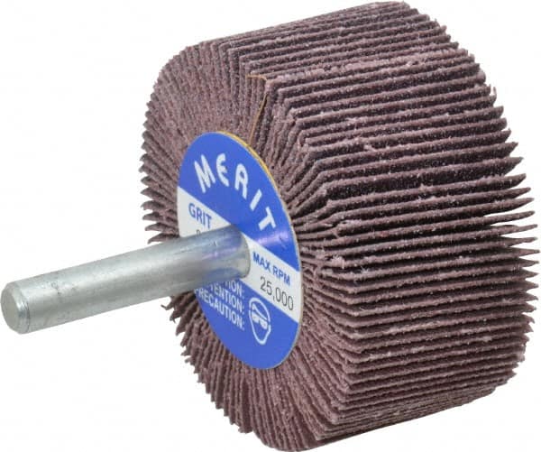 Merit Abrasives - 2" Diam x 1" Face Width, Medium Aluminum Oxide Coated Mounted Flap Wheel - 1/4" Shank Mount, 80 Grit, Cloth Backing, 25,000 Max RPM - Benchmark Tooling