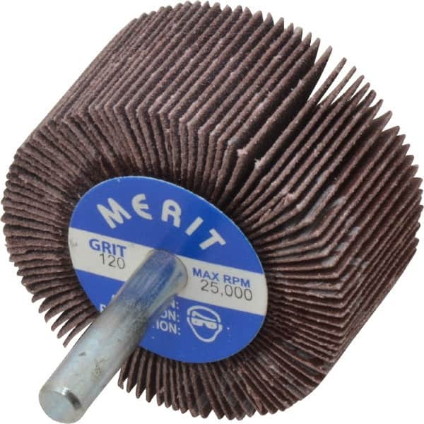 Merit Abrasives - 2" Diam x 1" Face Width, Fine Aluminum Oxide Coated Mounted Flap Wheel - 1/4" Shank Mount, 120 Grit, Cloth Backing, 25,000 Max RPM - Benchmark Tooling
