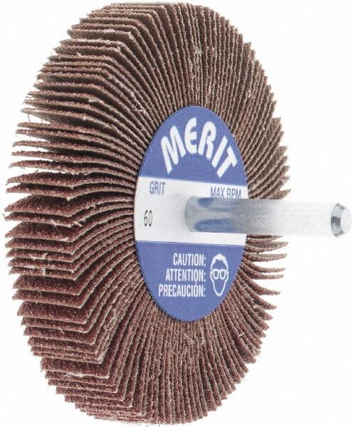 Merit Abrasives - 3" Diam x 1/2" Face Width, Medium Aluminum Oxide Coated Mounted Flap Wheel - 1/4" Shank Mount, 60 Grit, Cloth Backing, 20,000 Max RPM - Benchmark Tooling