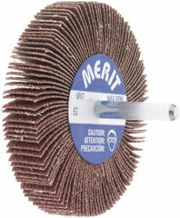 Merit Abrasives - 3" Diam x 1/2" Face Width, Medium Aluminum Oxide Coated Mounted Flap Wheel - 1/4" Shank Mount, 60 Grit, Cloth Backing, 20,000 Max RPM - Benchmark Tooling