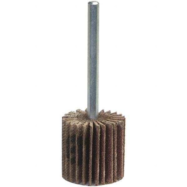 Merit Abrasives - 3" Diam x 1/2" Face Width, Medium Aluminum Oxide Coated Mounted Flap Wheel - 1/4" Shank Mount, 80 Grit, Cloth Backing, 20,000 Max RPM - Benchmark Tooling