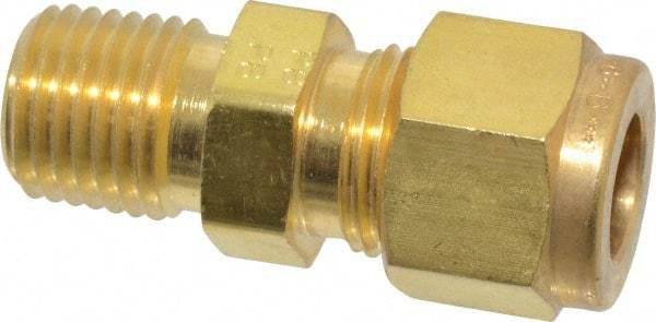 Parker - 3/8" OD, Brass Male Connector - 2,300 Max Working psi, 11/16" Hex, Comp x MNPT Ends - Benchmark Tooling