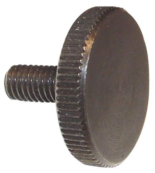 Morton Machine Works - M10x1.50 Knurled Shoulderless Grade C-1018 Steel Thumb Screw - 33mm OAL, 36mm Head Diam x 8mm Head Height, Black Oxide Finish - Benchmark Tooling