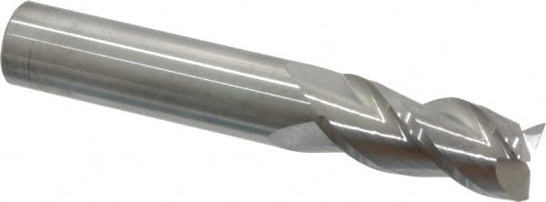 Accupro - 9/16", 1-1/4" LOC, 9/16" Shank Diam, 3-1/2" OAL, 3 Flute, Solid Carbide Square End Mill - Single End, Uncoated, Spiral Flute, 40° Helix, Centercutting, Right Hand Cut, Right Hand Flute - Benchmark Tooling