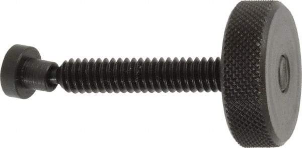 Gibraltar - 1/4-20 Knurled Shoulderless Swivel Pad Tip Grade C-12L14 Steel Thumb Screw - 1.9" OAL, 1" Head Diam x 5/16" Head Height, Black Oxide Finish - Benchmark Tooling
