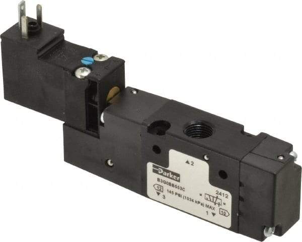 Parker - 1/8", 3-Way Body Ported Stacking Solenoid Valve - 24 VDC, 0.75 CV Rate, Air Return, 2.14" High x 4.2" Long - Benchmark Tooling