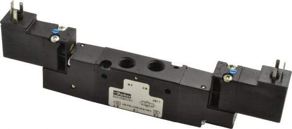 Parker - 1/8", 4-Way Body Ported Stacking Solenoid Valve - 24 VDC, 0.6 CV Rate, 2.14" High x 6.44" Long - Benchmark Tooling