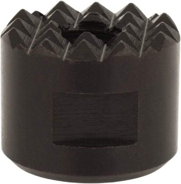 Fairlane - 1/4-28 Thread, 5/8" Diam, 1/2" High, Threaded, Fine Tooth Grade Diamond Serration Tooth Pattern, High Speed Steel, Round Positioning Gripper - 3/16" Flat Width, Black Oxide Coated - Benchmark Tooling