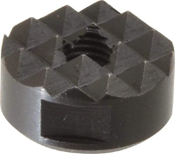 Fairlane - 1/4-28 Thread, 3/4" Diam, 3/8" High, Threaded, Coarse Tooth Grade Diamond Serration Tooth Pattern, High Speed Steel, Round Positioning Gripper - 3/16" Flat Width, Black Oxide Coated - Benchmark Tooling