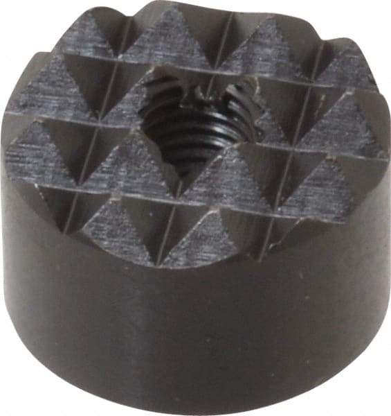 Fairlane - 1/4-28 Thread, 3/4" Diam, 1/2" High, Threaded, Coarse Tooth Grade Diamond Serration Tooth Pattern, High Speed Steel, Round Positioning Gripper - 3/16" Flat Width, Black Oxide Coated - Benchmark Tooling