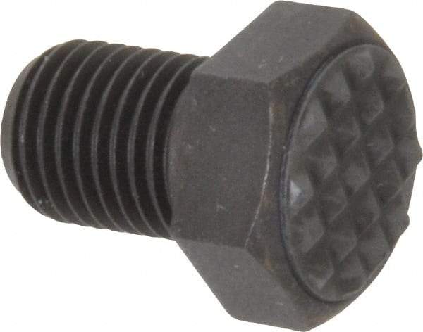 Fairlane - Serrated Tooth, 3/8-24, 1/2" Shank Length, 1/2" Thread Length, Black Oxide Finish, Hex Head, Adjustable Positioning Gripper - 1/2" Pad Diam, 9/16" Hex, 9/32" Head Height, Extra Fine Tooth Grade - Benchmark Tooling