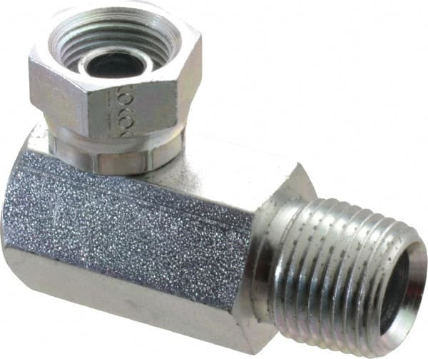 Weatherhead - 1/2-14 Male Thread x 3/8-18 Female Thread, Steel Industrial Pipe 90° Elbow Adapter - FNPSM x MNPT, 2,500 psi - Benchmark Tooling
