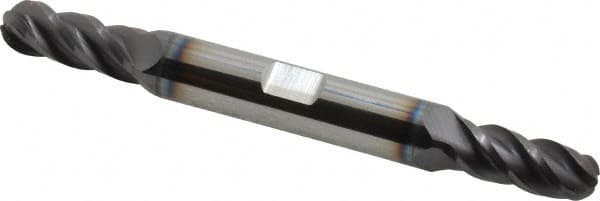 Accupro - 5/16" Diam, 3/4" LOC, 4 Flute Solid Carbide Ball End Mill - AlTiN Finish, Double End, 3-1/2" OAL, 3/8" Shank Diam, Spiral Flute - Benchmark Tooling