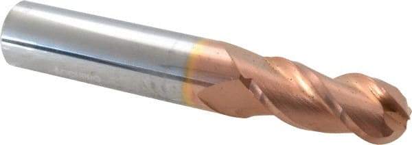 Accupro - 29/64" Diam, 1" LOC, 3 Flute Solid Carbide Ball End Mill - TiCN Finish, Single End, 3" OAL, 1/2" Shank Diam, Spiral Flute - Benchmark Tooling