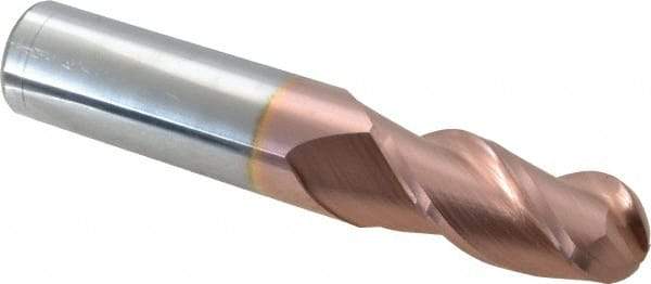 Accupro - 11/16" Diam, 1-1/2" LOC, 3 Flute Solid Carbide Ball End Mill - TiCN Finish, Single End, 4" OAL, 3/4" Shank Diam, Spiral Flute - Benchmark Tooling
