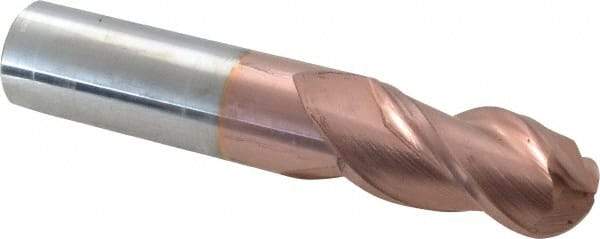 Accupro - 3/4" Diam, 1-1/2" LOC, 3 Flute Solid Carbide Ball End Mill - TiCN Finish, Single End, 4" OAL, 3/4" Shank Diam, Spiral Flute - Benchmark Tooling