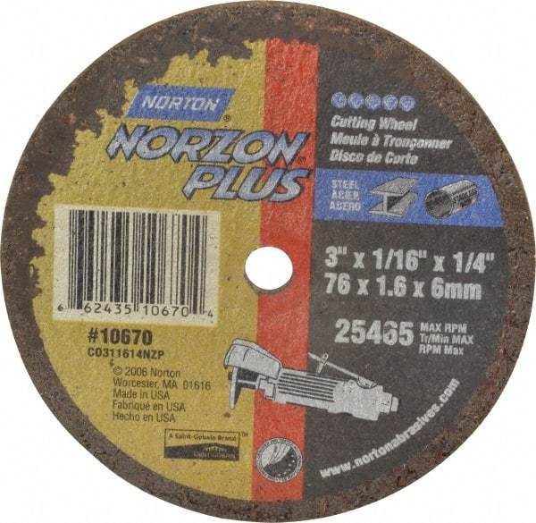 Norton - 3" Ceramic Cutoff Wheel - 1/16" Thick, 1/4" Arbor, 25,465 Max RPM, Use with Die Grinders - Benchmark Tooling